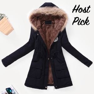 Hooded Faux Fur Drawstring Black Parka Jacket